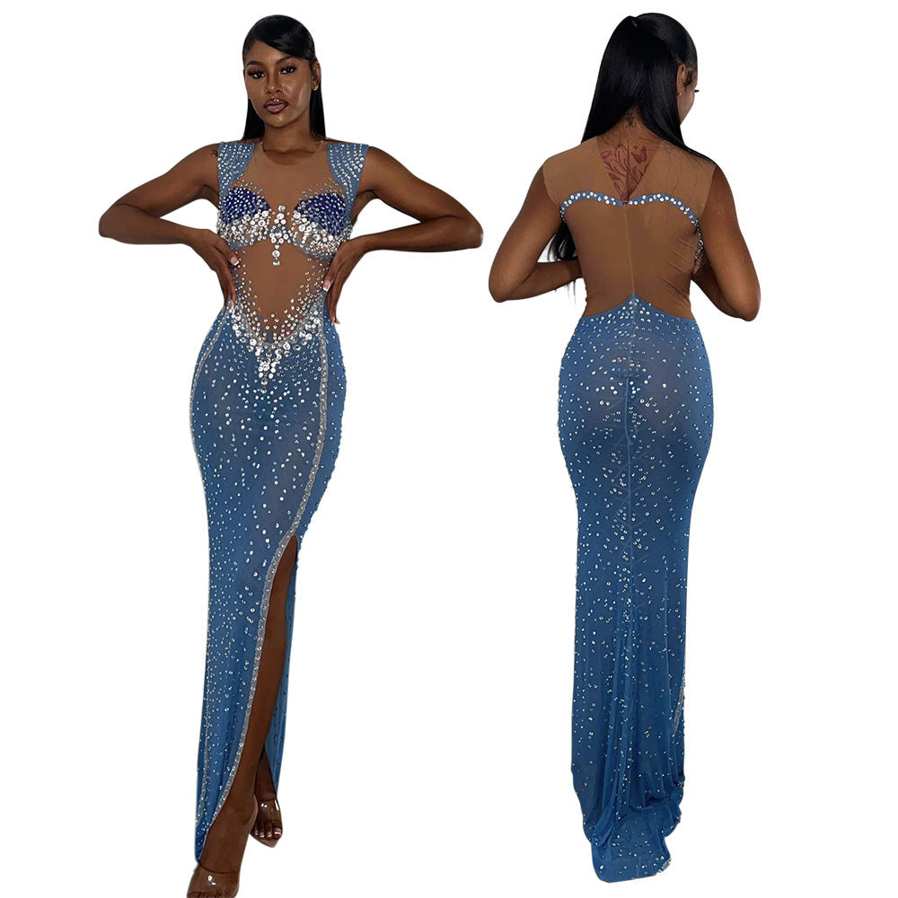 Mesh Rhinestone Slim Long Dress