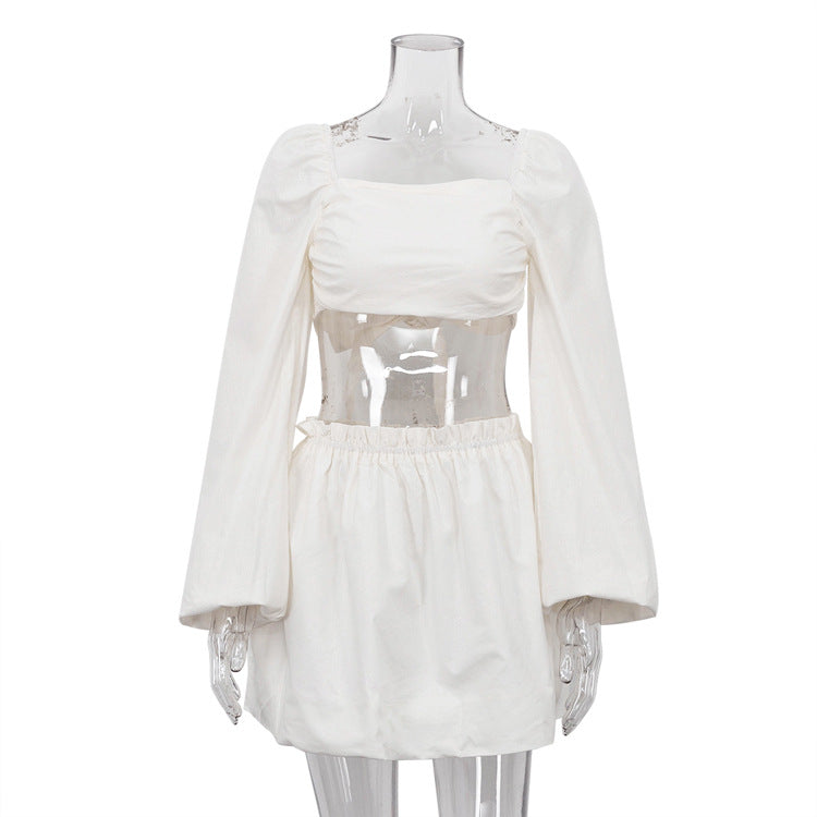 Fashion Lace-up Tube Top Backless Top Pleated High Waist Skirt Two-piece Set