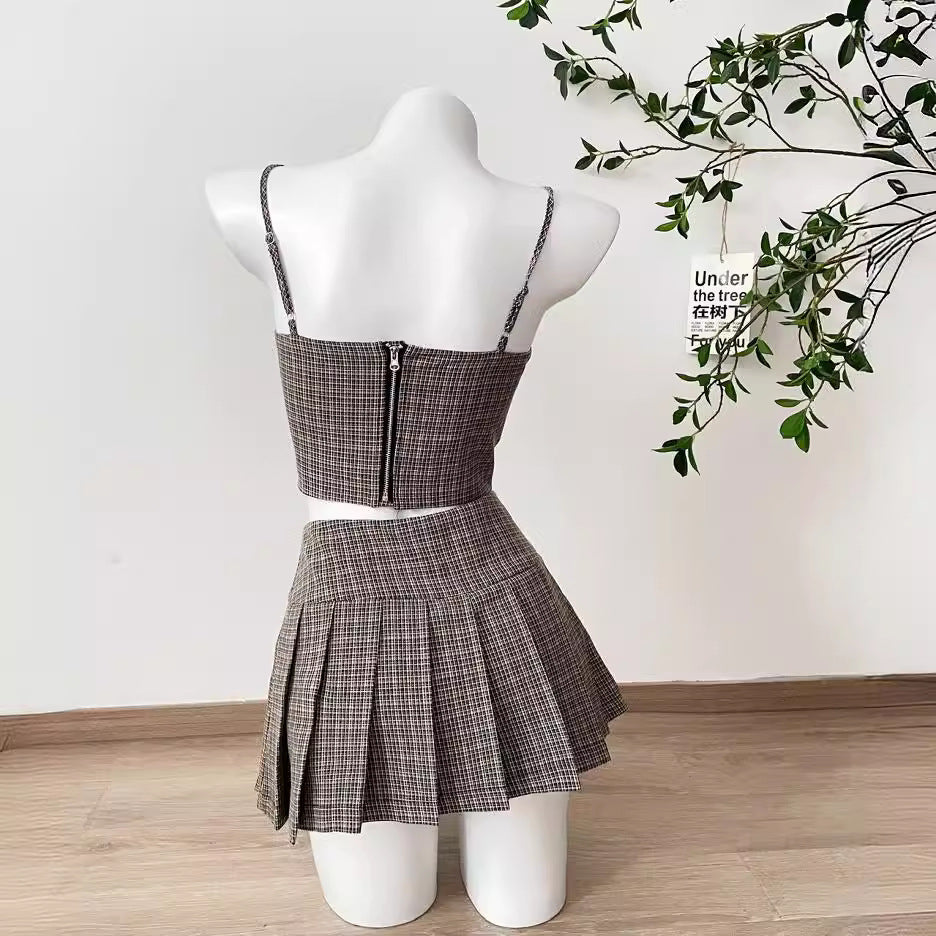 Bow Plaid Contrast Color Slim Fit Slip Dress Suit