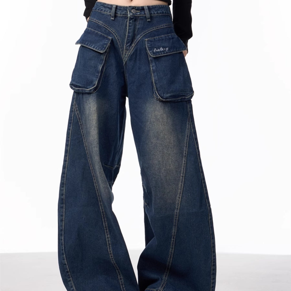 Wide-leg Jeans With Pockets High Waist Loose Trousers