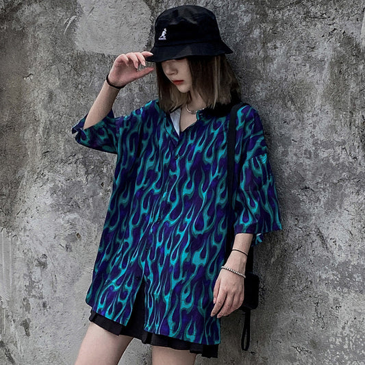 Flame Full Print Lapel Short Sleeve Shirt