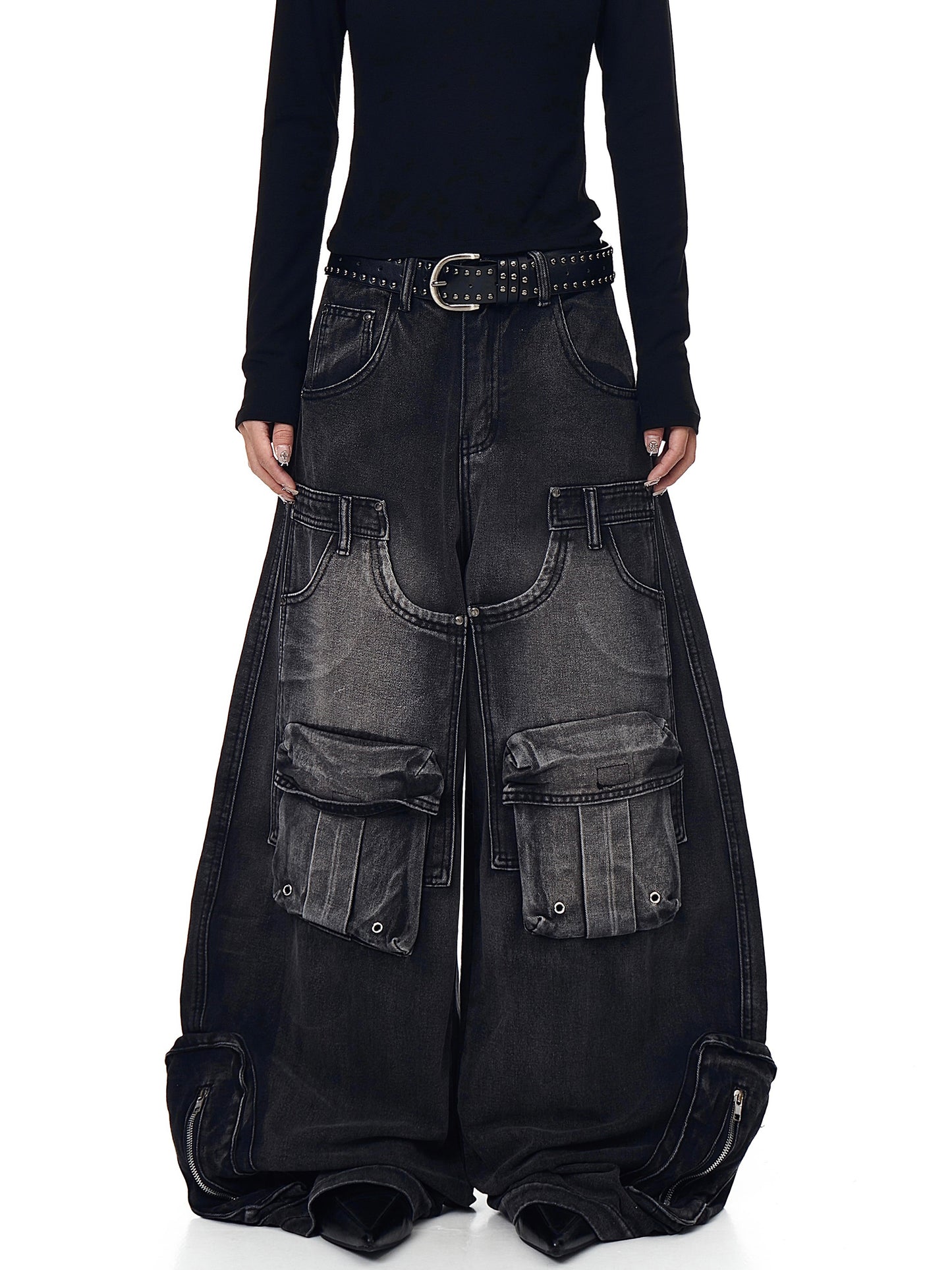 Retro Washed Distressed Multi-pocket Cargo Pants Loose Wide Leg Jeans