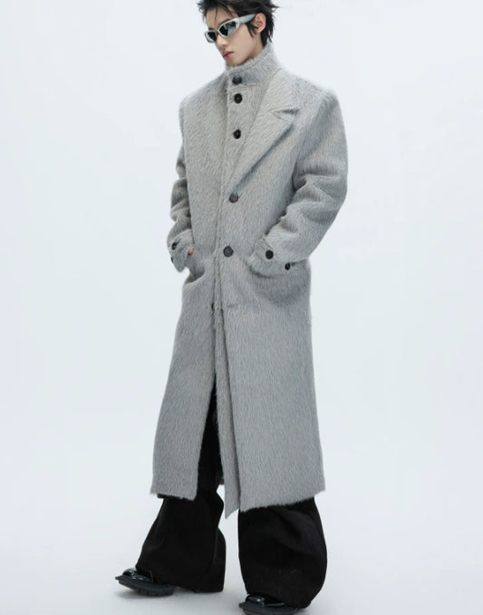 Short-pile Faux Two-piece Wool Coat Long Alpaca-blend Trench Coat