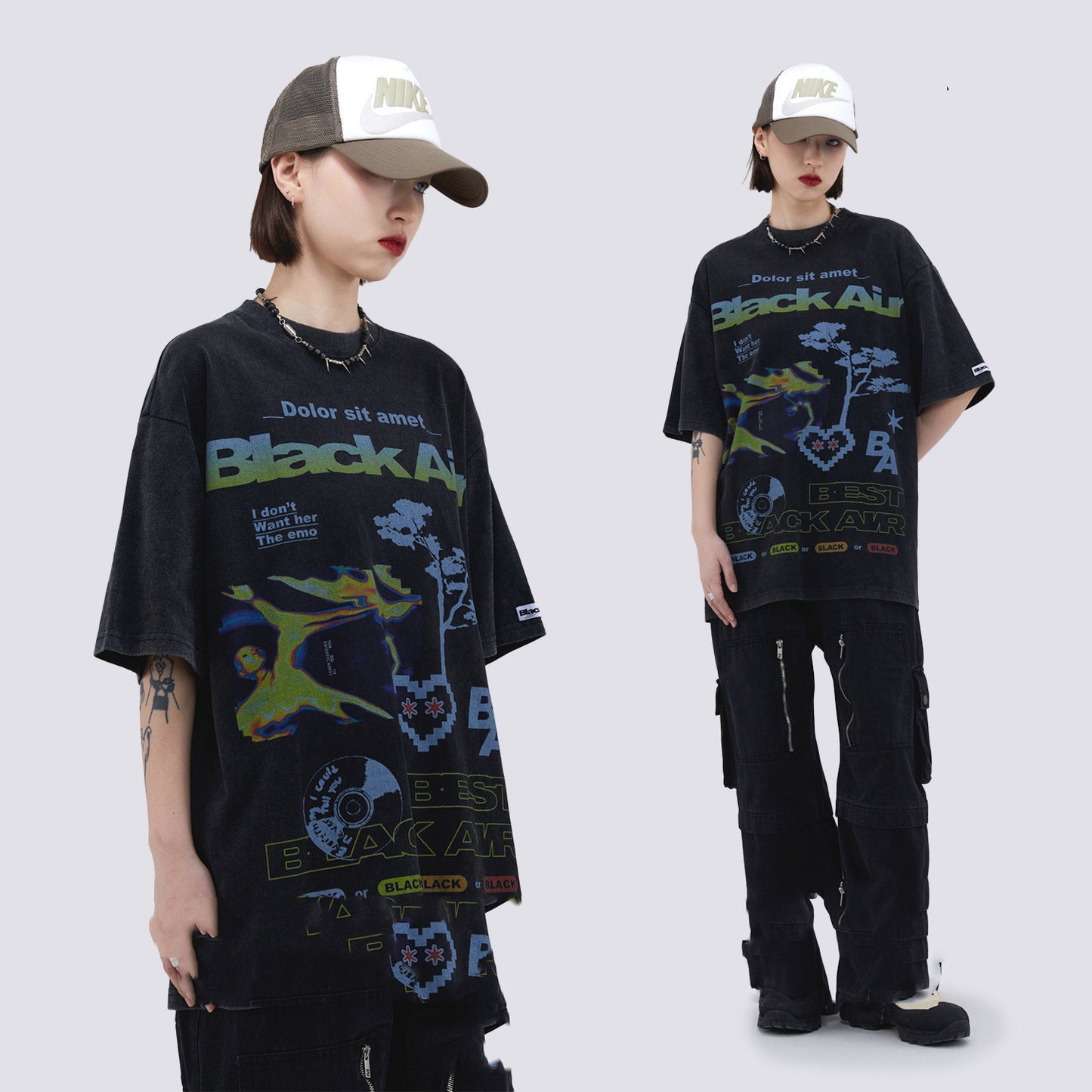 American Street Retro Element Pattern Printed T-shirt