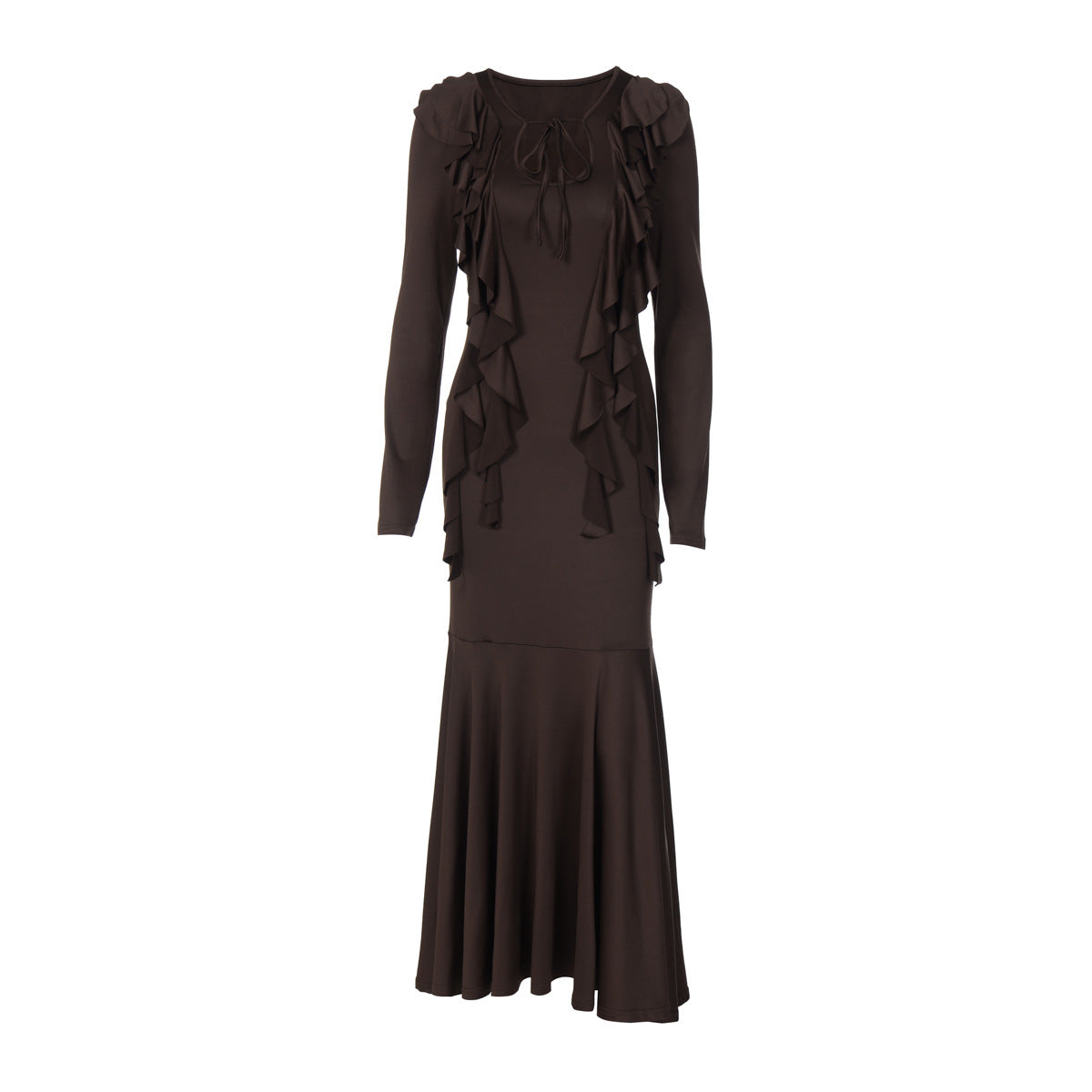 Ruffles Lace-up Long Sleeve Waist Dress
