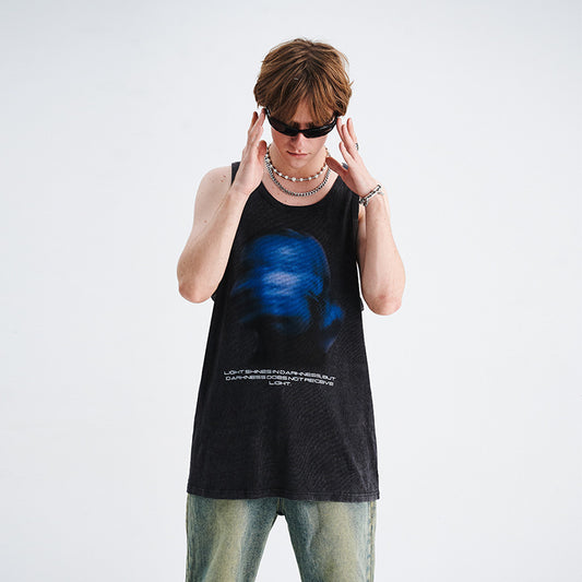 Men's Fuzzy Vintage Print Worn Looking Washed-out Vest