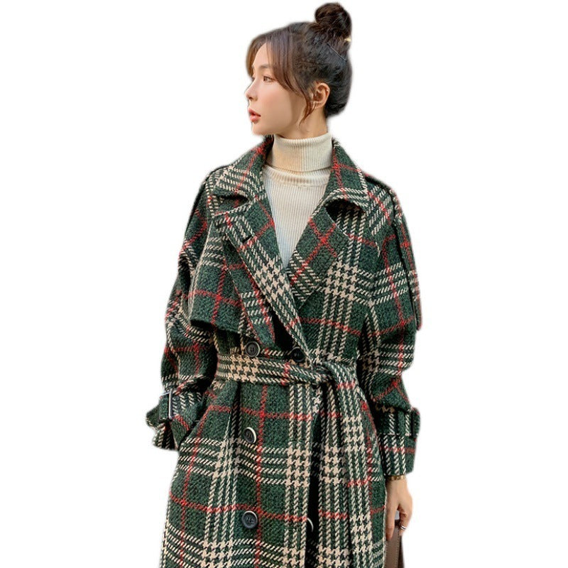 Green Plaid Loose Mid-length Woolen Coat