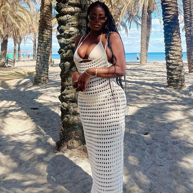 Robe de plage décontractée dos nu en maille unie pour femme