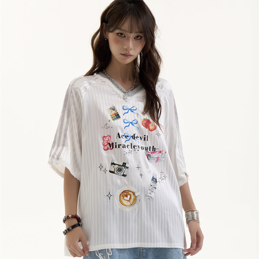Female Retro V-neck Letter Printed Short Sleeved Shirt