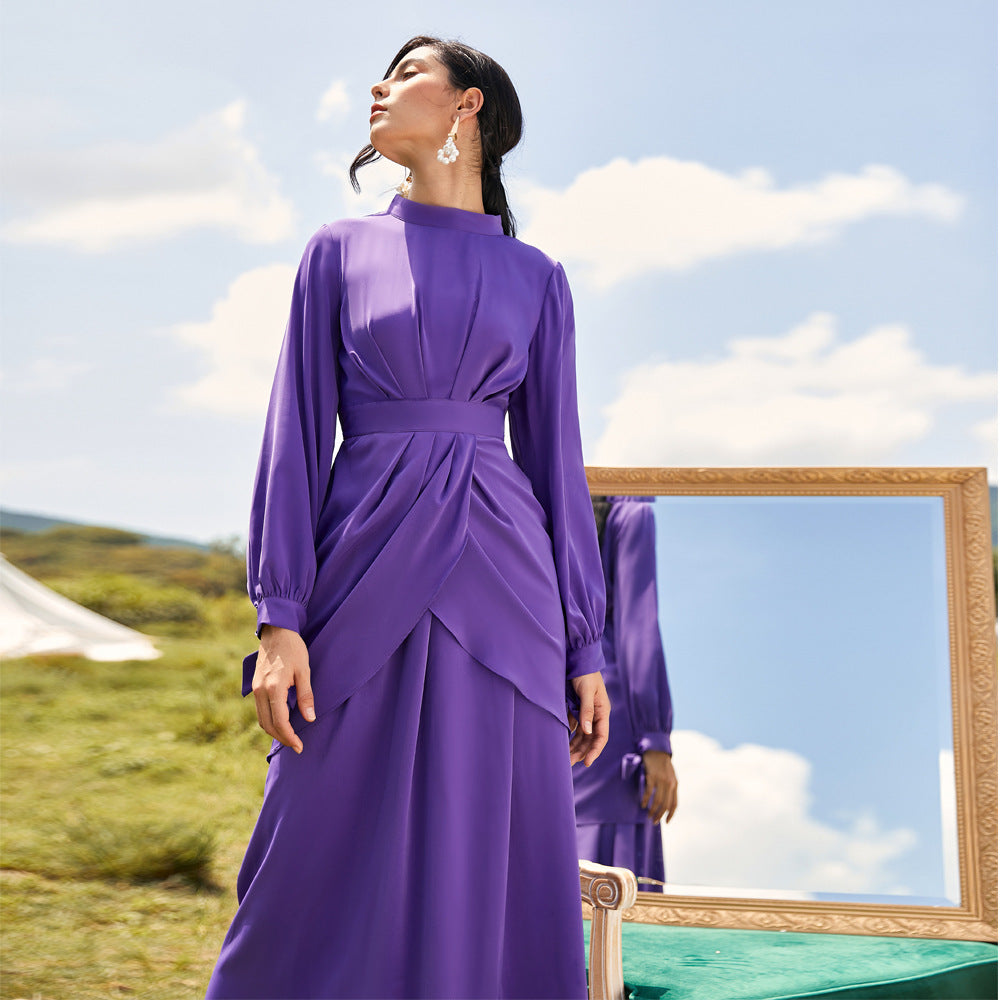 Women's Dress with Standing Collar and Long Sleeves