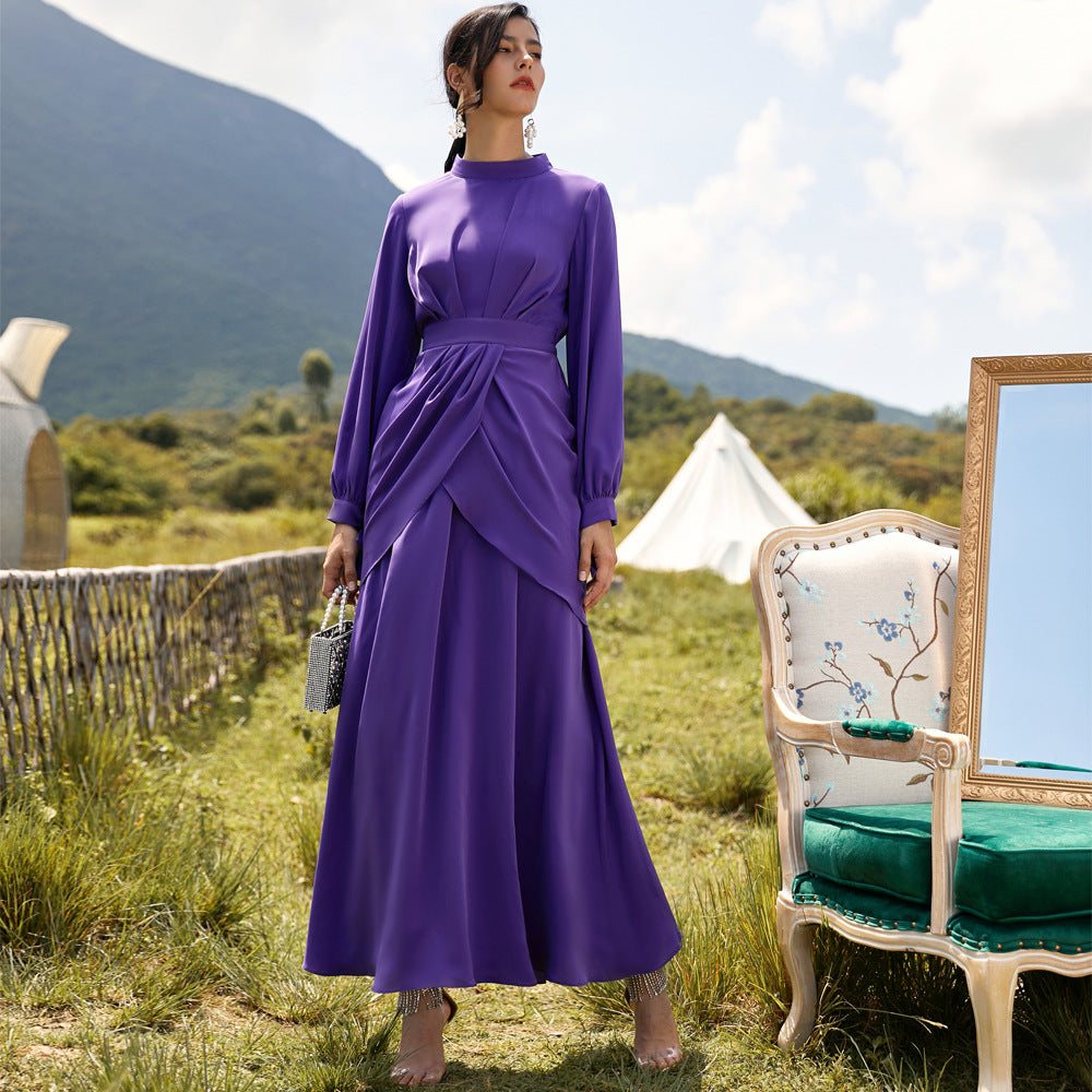 Women's Dress with Standing Collar and Long Sleeves