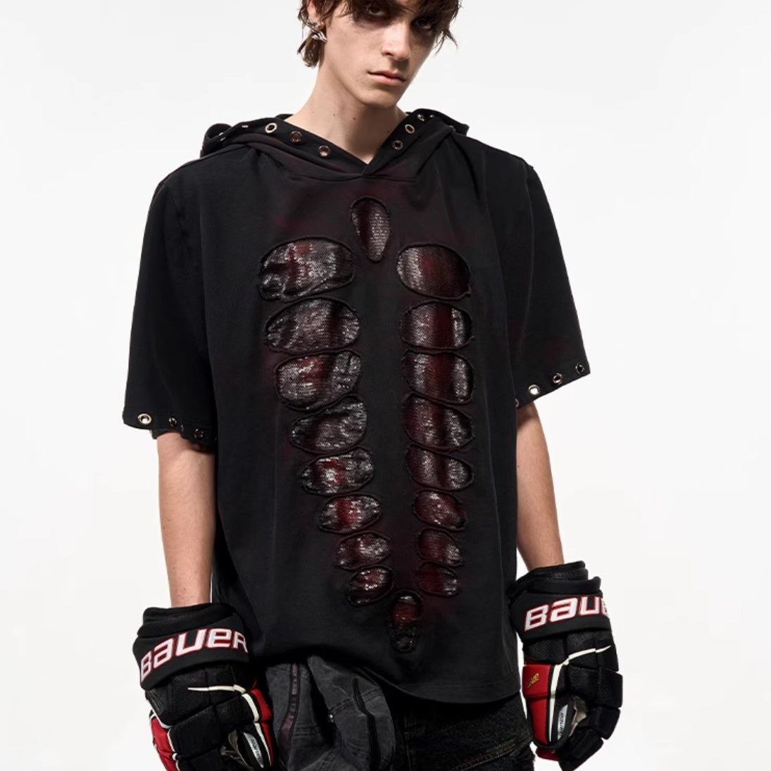 Hooded Short-sleeved Men's Cut Sequins Loose-fitting T-shirt