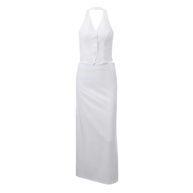 Fashion Two-piece Suit V-neck Halter Strap Top Low Waist Slit Skirt