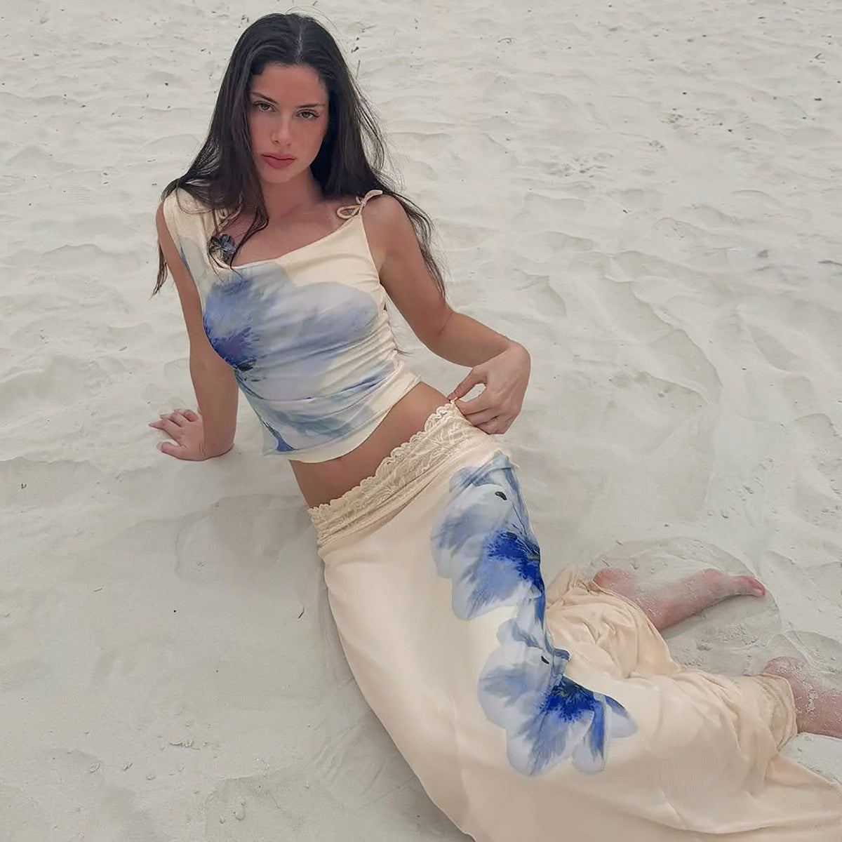 Summer New Casual Contrast Color Printed Top Lace Skirt Two-piece Set