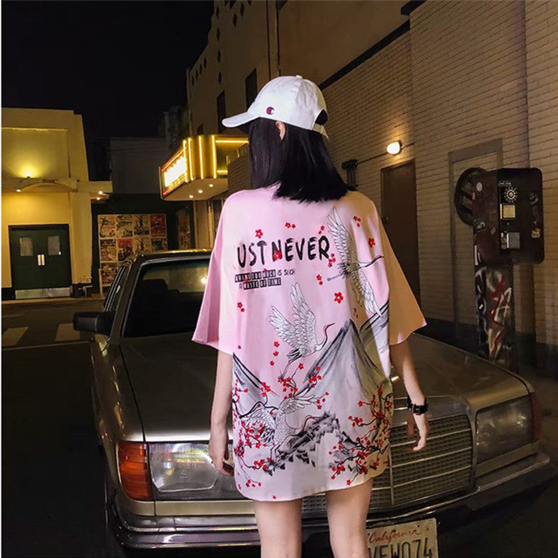 Crane Short-sleeved Male Loose Half-sleeved Hip-hop Hip-hop Ins Couple Wear T-shirt Tide Brand Top