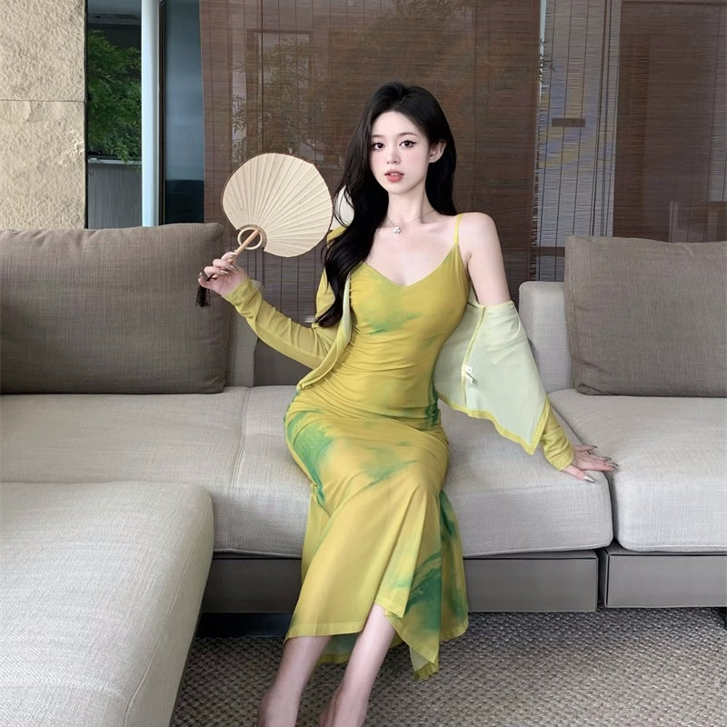 Robe fourreau rétro tie-dye pour femme, fendue et à bretelles