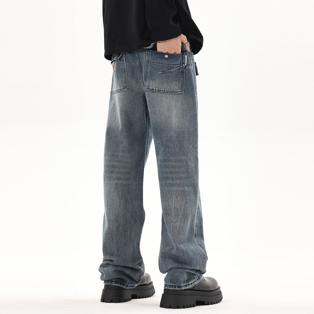 Men's High Street Loose Casual Washed And Worn Straight-leg Denim Pants
