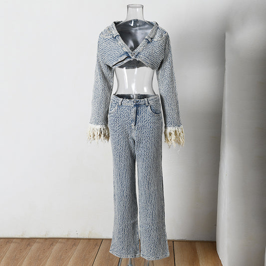 European And American Ladies Tassel Long Sleeve Denim Suit