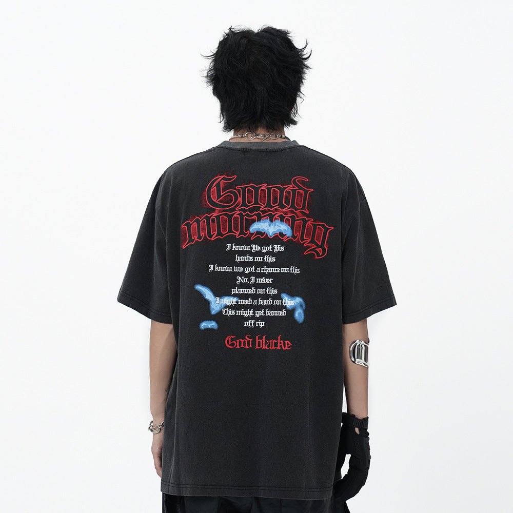 Punk Hip Hop Printed Letter Washed And Worn Short Sleeve T-shirt