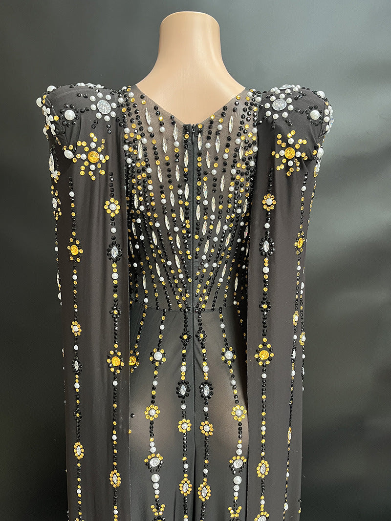 Nouvelle robe à manches longues en diamant brillant noir pour femme, robe de soirée sexy