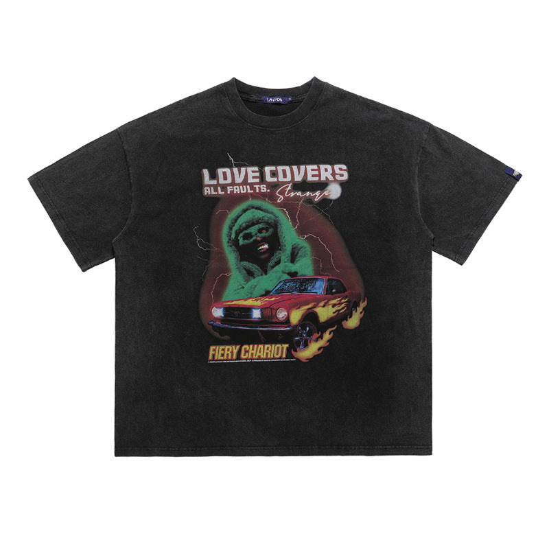 Washed And Worn Loose Retro Street Printing Short-sleeved T-shirt