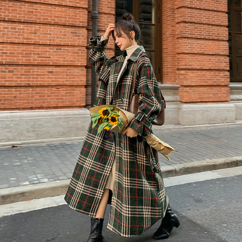 Green Plaid Loose Mid-length Woolen Coat