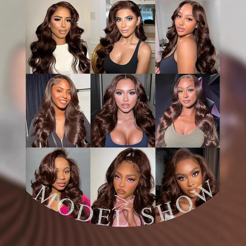 Perruque longue et bouclée brune avec raie au milieu et bordure en dentelle