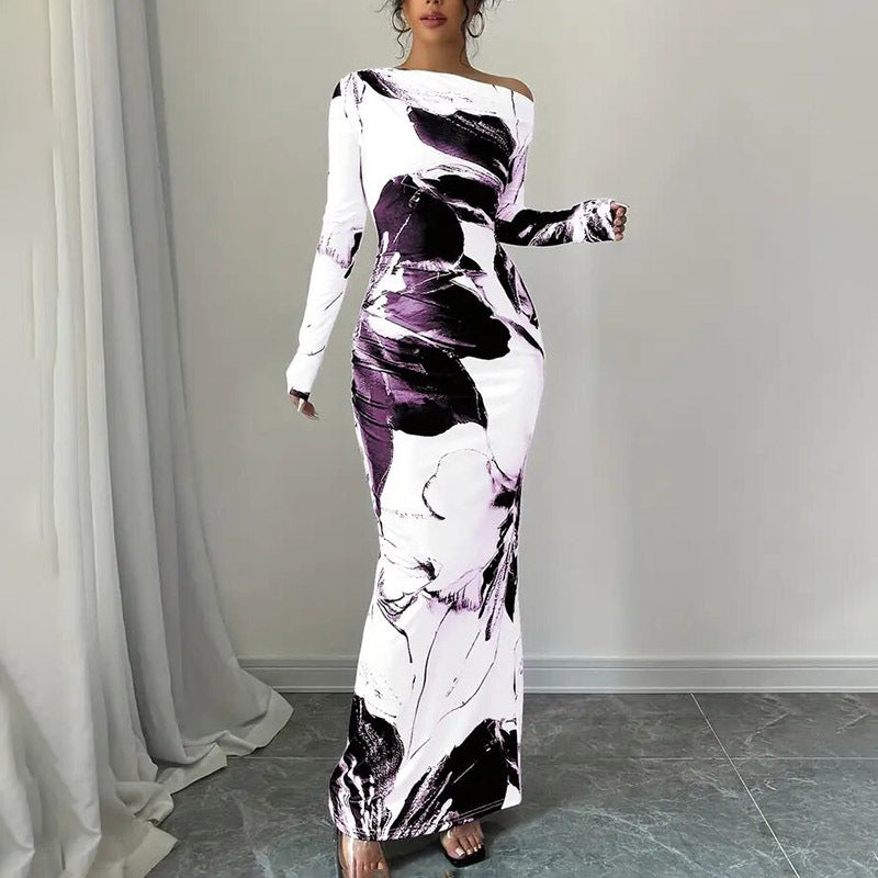Elegant Off-Shoulder Tie-Dye Floral Bodycon Dress Stretchy Season Party & Casual Dress