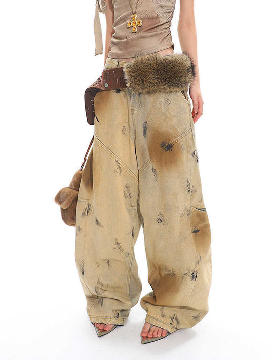 Washed Old Blooming Retro Machete Profile Loose Jeans