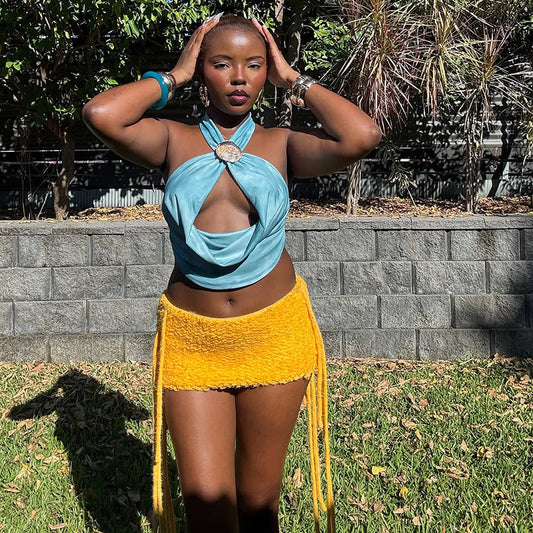 Nouvelle jupe moulante taille haute à franges en maille unie tendance streetwear