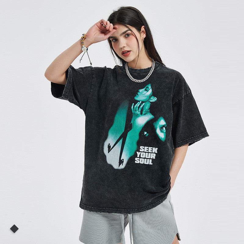 Loose T Shirt Men's European And American Dark Wash And Edging Short Sleeves