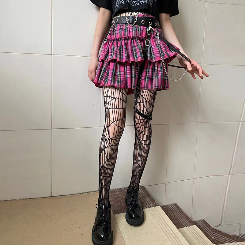 High Waist Fungus Plaid A- Line Half-length Slim-fit Pleated Miniskirt