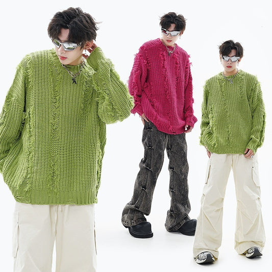 Pull-over rétro déchiré, style décontracté et ample