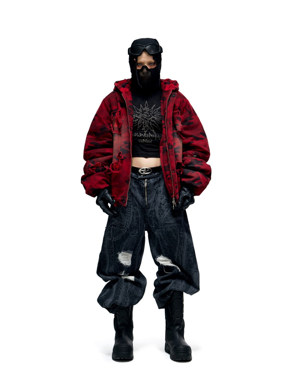 Veste rouge en coton vieilli à capuche perforée à carreaux camouflage