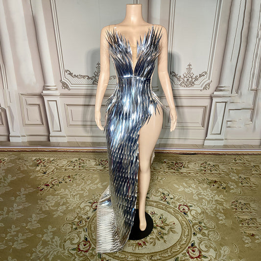 Robe de soirée de luxe légère à paillettes, fente latérale, coupe slim