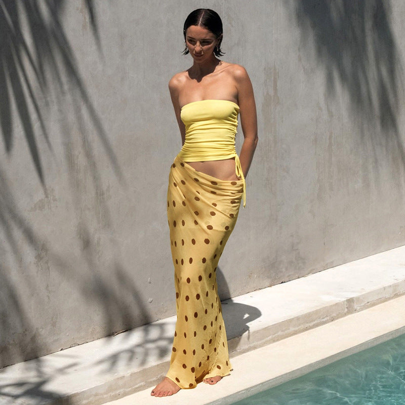 Style Tube Top Hollow-out Dot Mesh Slim-fit Jumpsuit Long Dress For Women