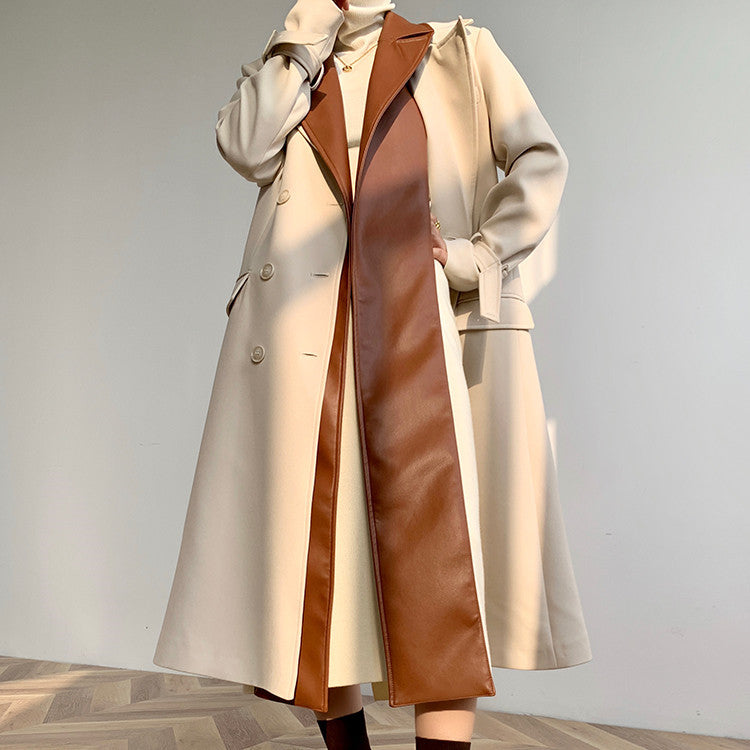 Temperament Fashion Patchwork Double-layer Collar Trench Coat