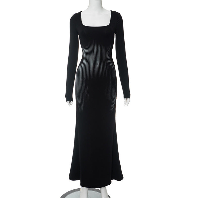 Square Collar Long Sleeve High Waist Sheath Dress Ladies