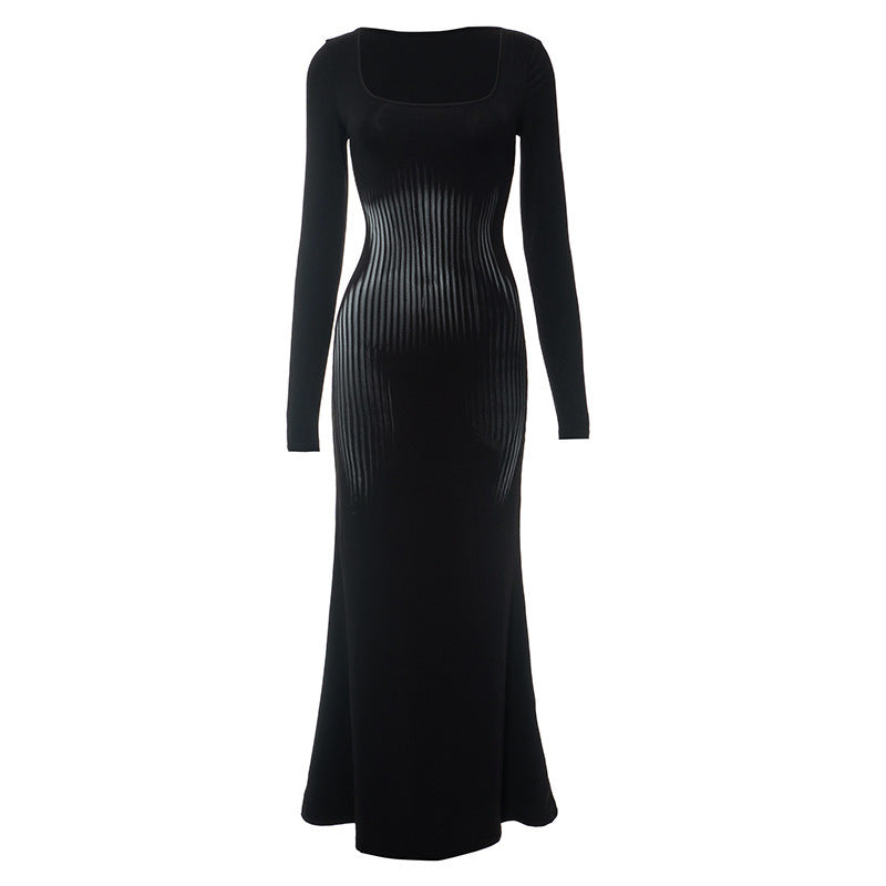 Square Collar Long Sleeve High Waist Sheath Dress Ladies