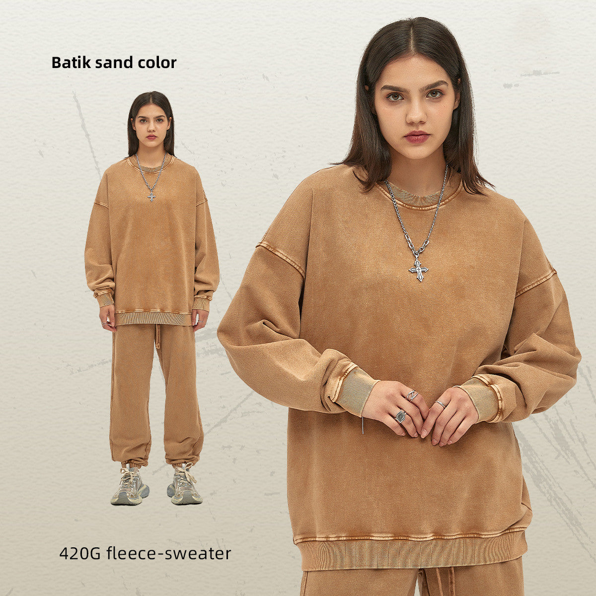 Waxed Heavy Round Neck Sweater Fashion Brand Pure Color Washed Retro Top