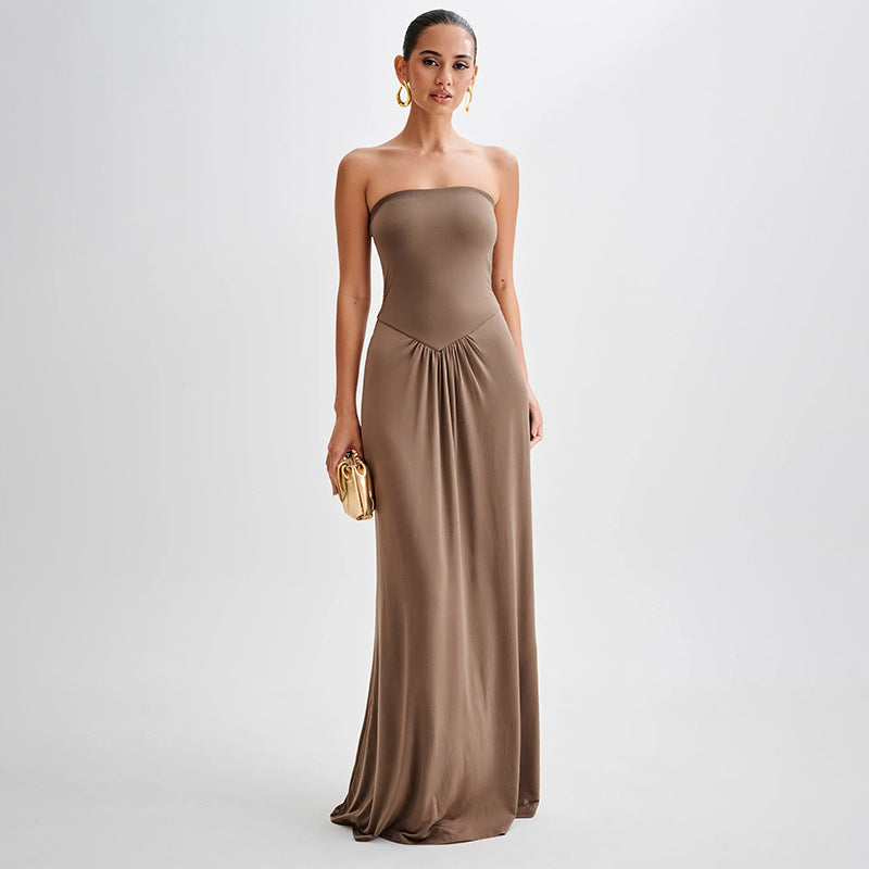 Robe longue plissée taille haute couleur unie