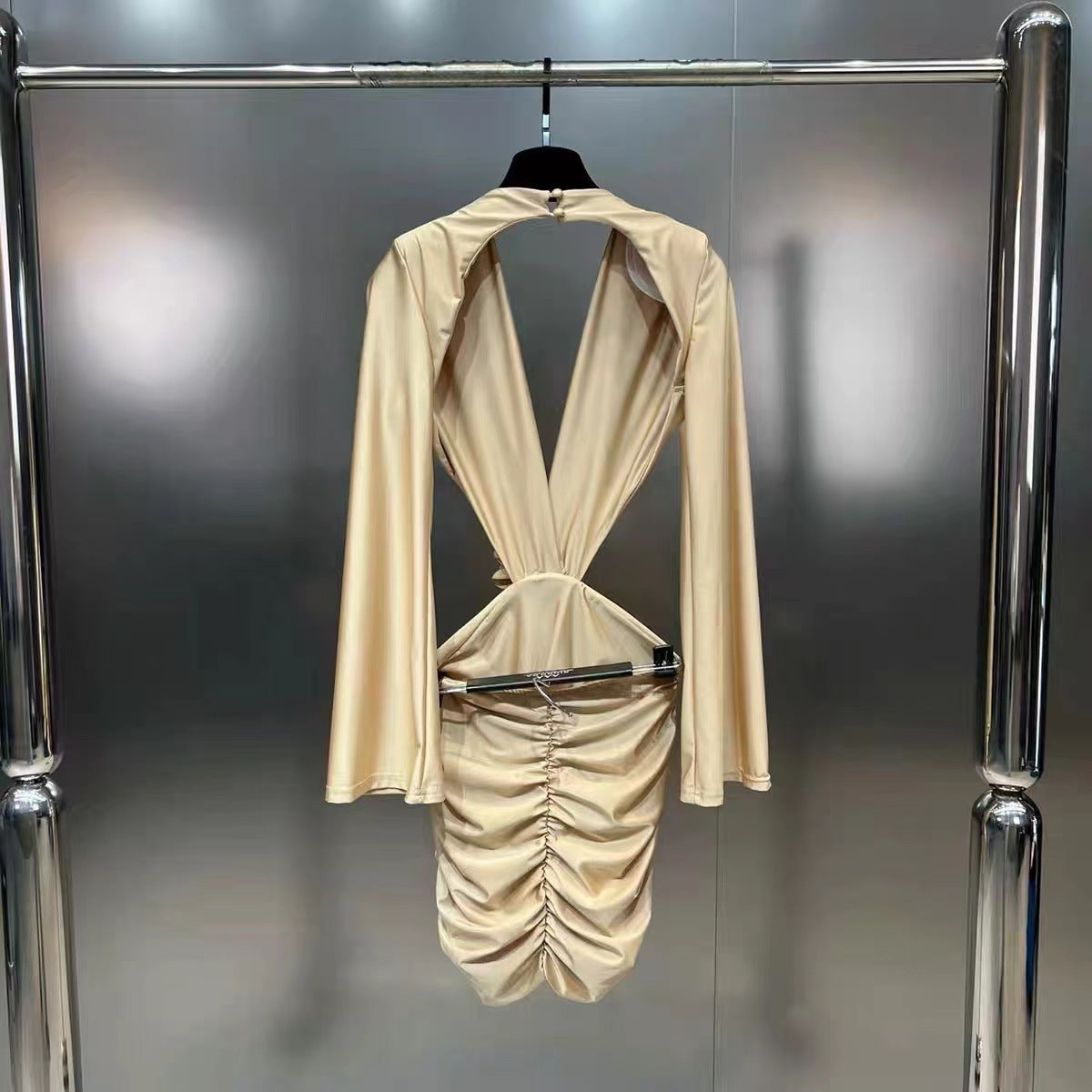 Fashion Deep V-neck Padded Shoulder Long Sleeve Waist Hollow Dress