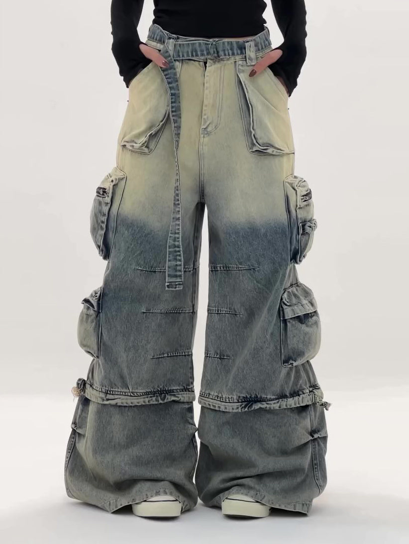 High - Waisted Ombre Cargo Jeans With Multiple Pockets