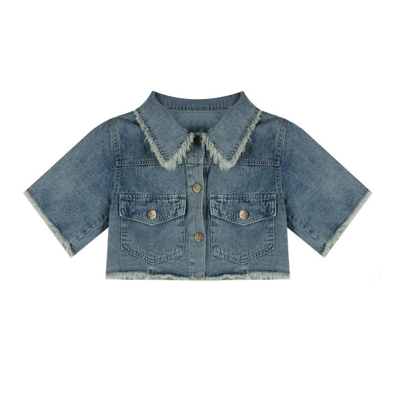 Vintage Washed Burlap Short Shirt Denim Set