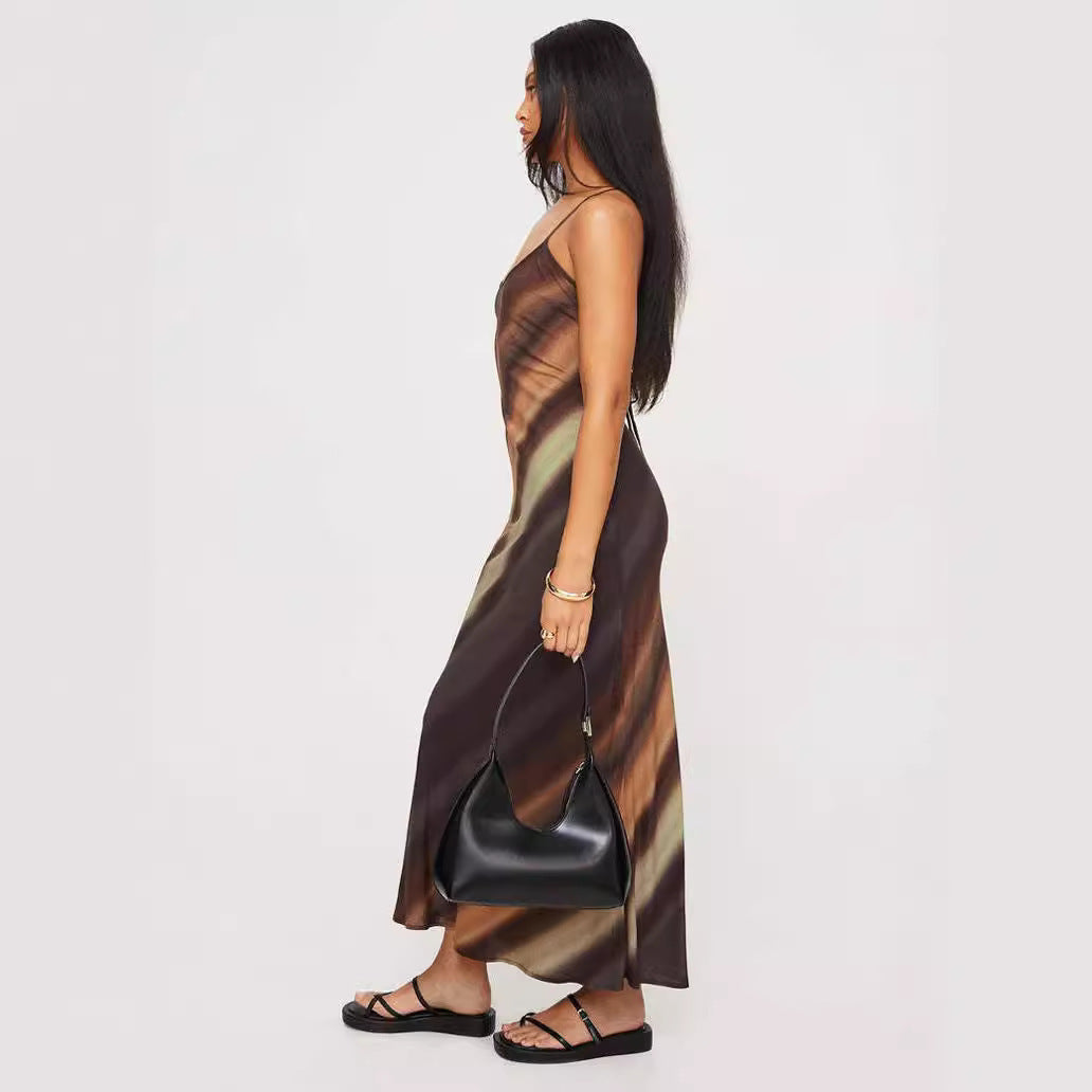 Robe sexy à bretelles fines et imprimé dégradé rayé, dos nu, à lacets