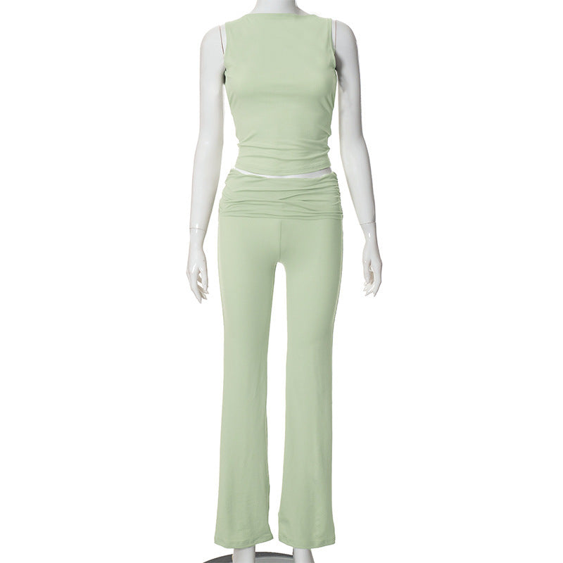 New Fashion Solid Color Round Neck Short Sleeves Top High Waist Trousers Suit
