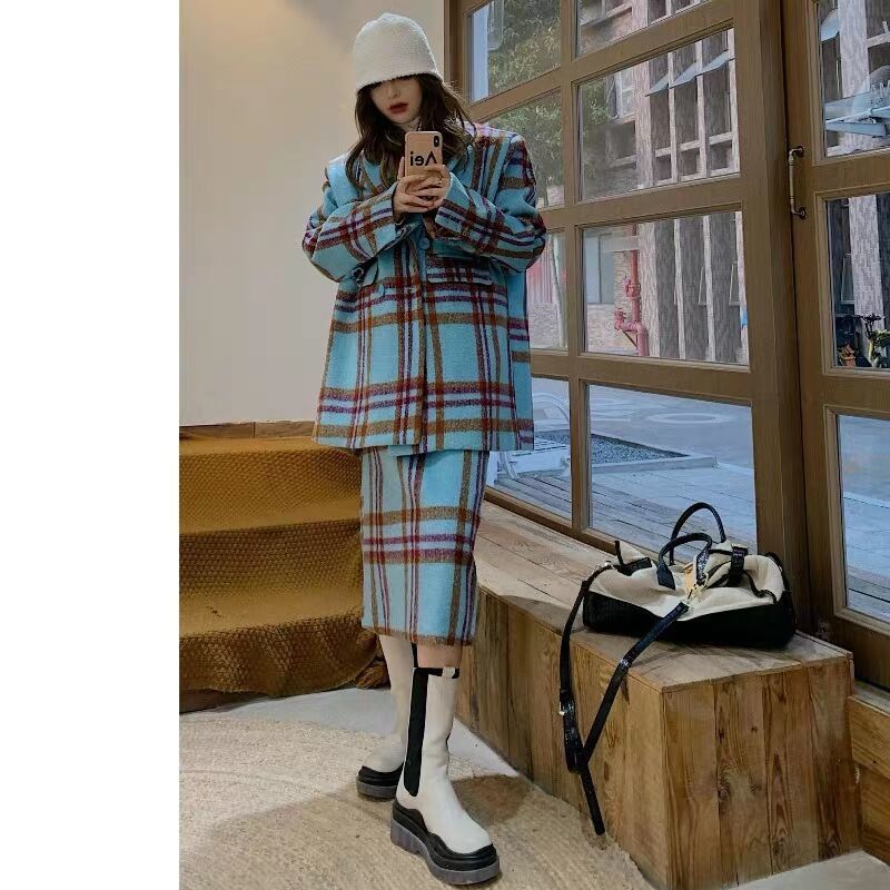 Winter Woolen New Skirt Plaid Suit
