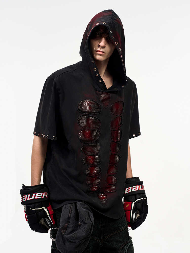 Hooded Short-sleeved Men's Cut Sequins Loose-fitting T-shirt