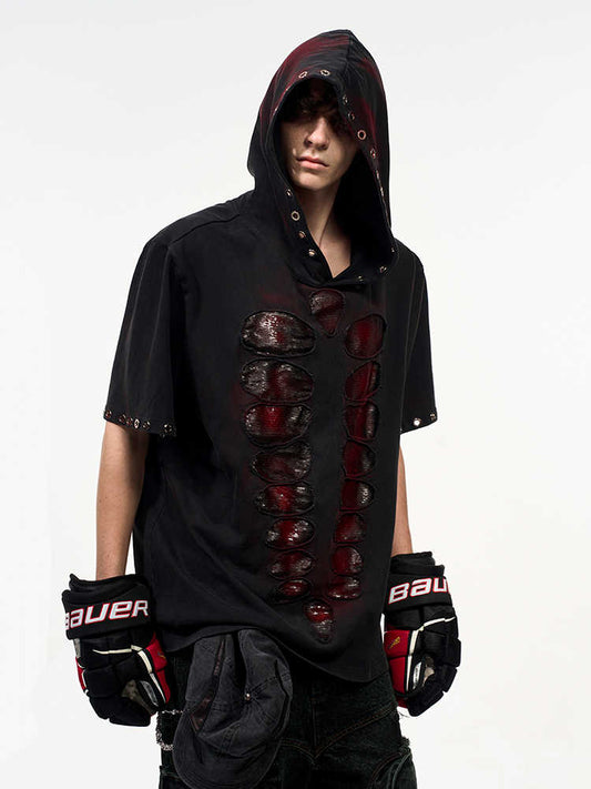 Hooded Short-sleeved Men's Cut Sequins Loose-fitting T-shirt
