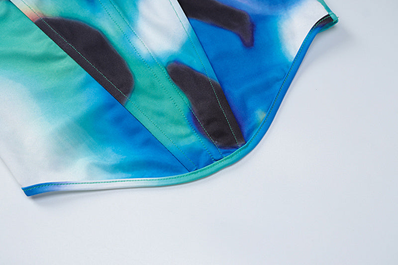 U-neck Vest And Hip Slit Dress Printed